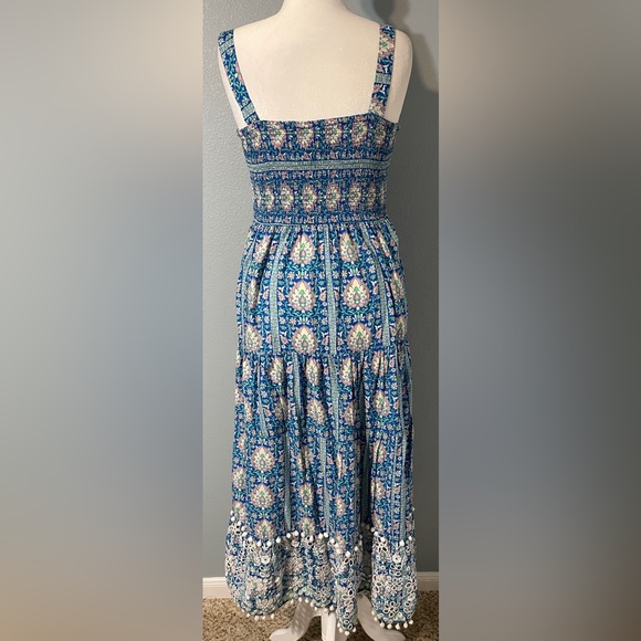 Zara Blue Floral Smocked Maxi Dress Tiered Boho Sundress Pom Poms Lace Medium - Picture 5 of 9